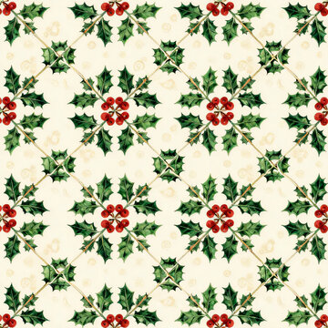Traditional watercolor holly leaves and red berries seamless pattern on off-white background
