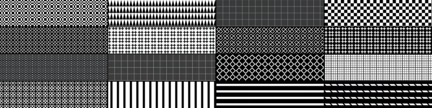 Collection of sixteen black and white geometric seamless patterns featuring stripes, grids, checkers, and dots.
