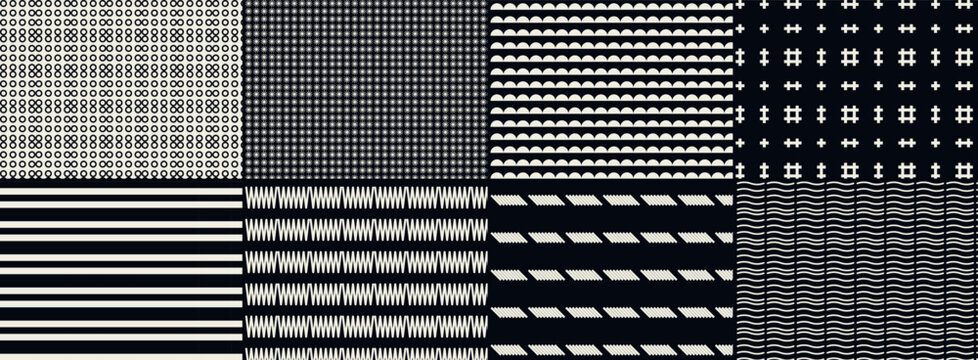 Collection of eight black and white geometric patterns featuring stripes, circles, waves, and abstract shapes