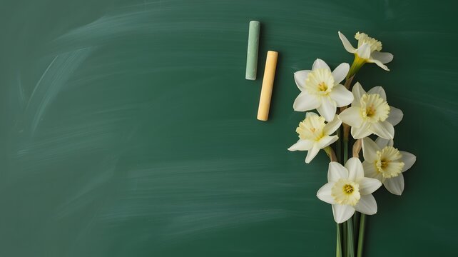 Beautiful white narcissus flowers arranged next to colorful chalk sticks on a dark green chalkboard background