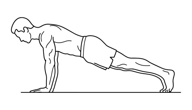 Line art illustration of a fit man performing a push-up or plank exercise for bodyweight fitness training
