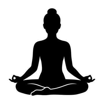 Black silhouette of a woman practicing yoga in lotus position with mudra hands isolated on white background