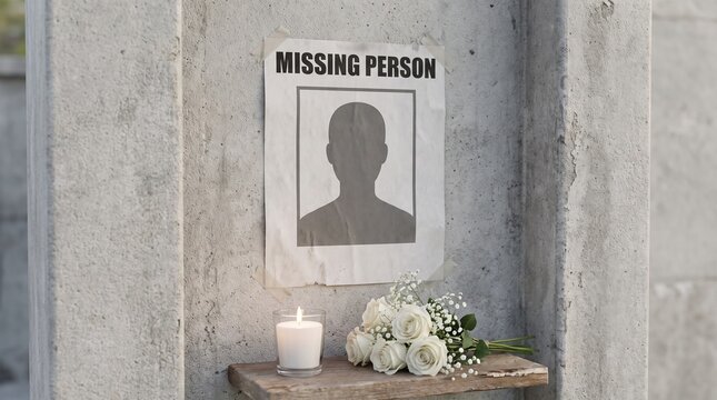 Missing Person Poster with Candle and White Flowers on Concrete Wall Representing Loss and Grief