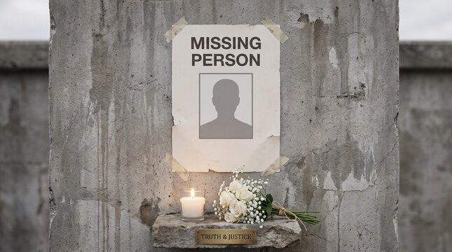 Missing person poster on a weathered concrete wall with a lit candle and white flowers memorializing loss and the search for truth