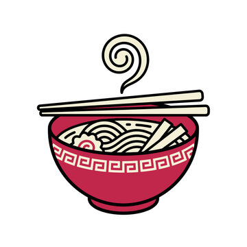 Vector Illustration of a Hot Bowl of Japanese Ramen Noodles with Chopsticks and Steam on White Background