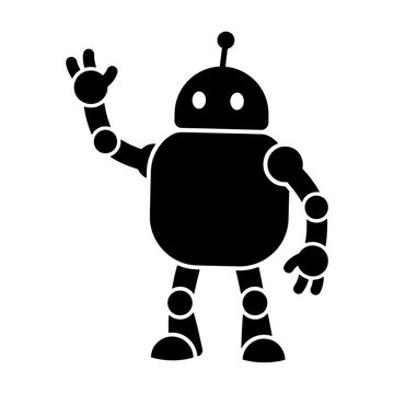 Friendly Robot Silhouette Waving Hand Isolated on White Background, Artificial Intelligence and Automation Icon