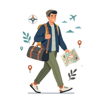 Young male traveler walking with a duffel bag and map, exploring new destinations, flat vector illustration