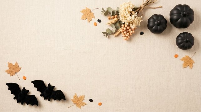 Halloween Flat Lay Background with Black Pumpkins and Bats