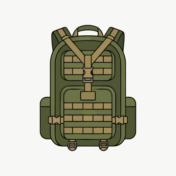 Olive green tactical military backpack illustration with MOLLE webbing and buckles for outdoor survival gear