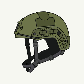 Tactical Olive Drab Ballistic Helmet with Accessory Rails and Chin Strap Vector Illustration Isolated on White
