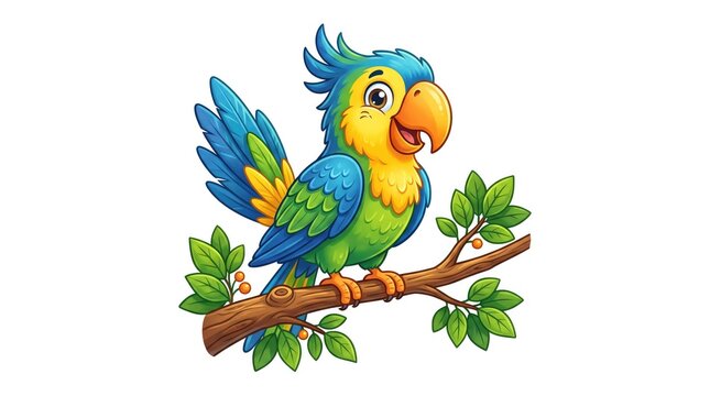 Vibrant blue and yellow parrot perched on natural wooden branch with green leaves