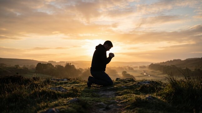 Silhouette of a man kneeling and praying on a grassy hilltop during a beautiful golden sunrise, spiritual moment in nature, finding peace and hope, religious devotion