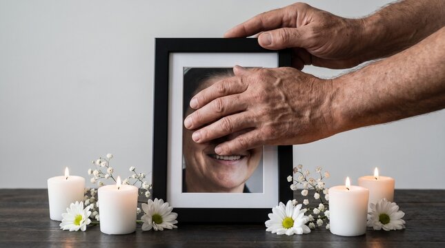 Heartfelt remembrance elderly hands delicately touch a framed photo amidst flickering candles and white flowers, creating a poignant tribute to a cherished memory and enduring love