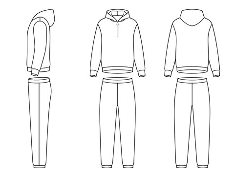 Quarter zip sportswear hoodie and trousers vector mockup isolated sketch