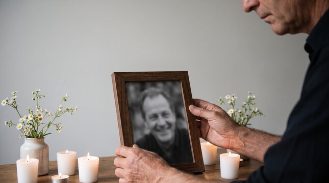 Elderly Man Holding a Framed Photograph of a Loved One with Burning Candles for Remembrance and Grief