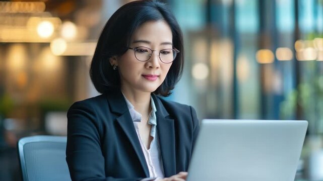 Professional Asian Woman in Blazer Working on Laptop in Modern Office