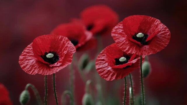 Close-up of Vibrant Red Poppy Flowers in a Blurred Field