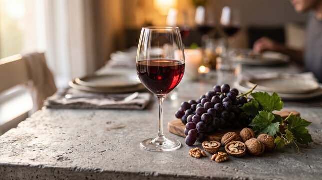 Elegant glass of red wine paired with fresh purple grapes and walnuts on a rustic stone table, dinner party, symbolizing healthy lifestyle, Mediterranean diet, relaxation