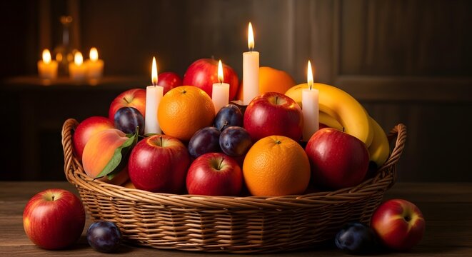 A rustic wicker basket filled with fresh assorted fruits and glowing candles on a dark wooden table