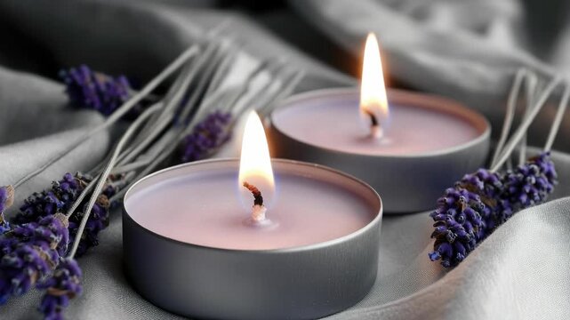 Lit tea light candles with dried lavender on textured fabric