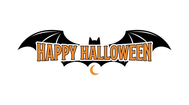 Happy Halloween text in bat wings silhouette with crescent moon image photo