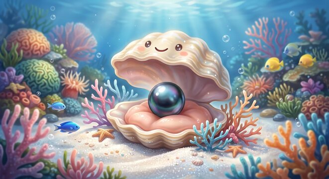 Cute Cartoon Clam with Black Pearl in Underwater Coral Reef