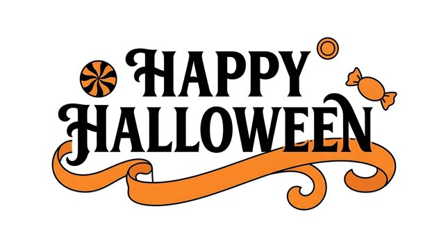Happy Halloween text with candies and orange ribbon on white background lettering typography