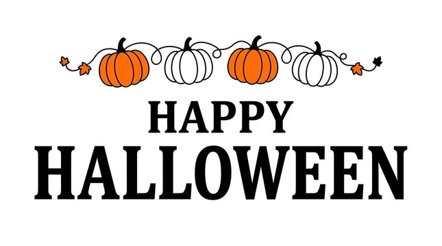 Happy Halloween Text with Garland of Pumpkins and Leaves lettering typography