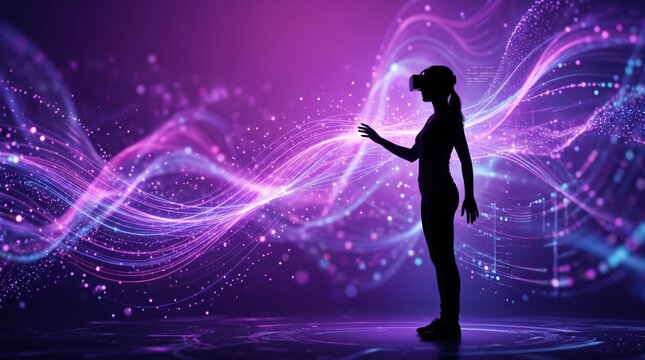 Silhouette of a woman wearing a VR headset interacting with abstract futuristic purple and blue light waves, virtual reality technology, digital transformation