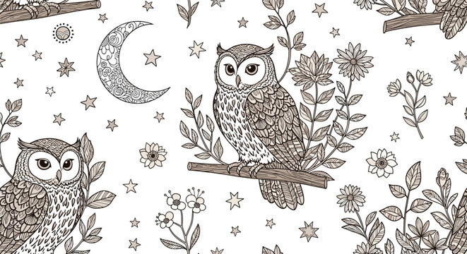 Mystical seamless pattern with detailed owls on branches, crescent moon, and stars on a clean white background for night and nature themes.