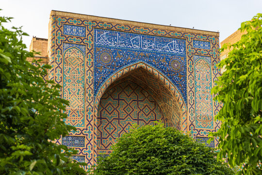 Ornate Blue Tiled Iwan Portal of Ulugh Beg Madrasah in Samarkand, Uzbekistan