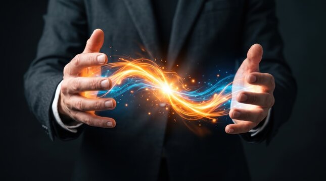 Close up of businessman hands holding glowing orange and blue energy streams forming an infinity symbol, business innovation, creative power, synergy, magic touch