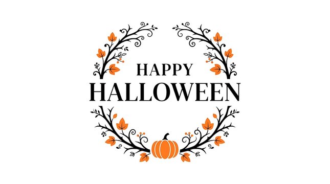 Happy Halloween text framed by a circular wreath of branches and leaves with a pumpkin Keywords: Halloween, happy, text, lettering, black, orange, pumpkin, wreath, circular, frame, branches