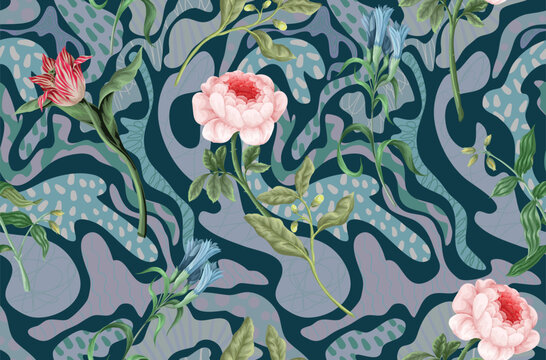 Seamless Flowers Pattern with Organic Curves Botanical Stems and Elegant Abstract Floral Background