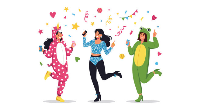 Joyful illustration of three young women dancing at a party wearing colorful animal onesies like unicorn and frog against confetti background.