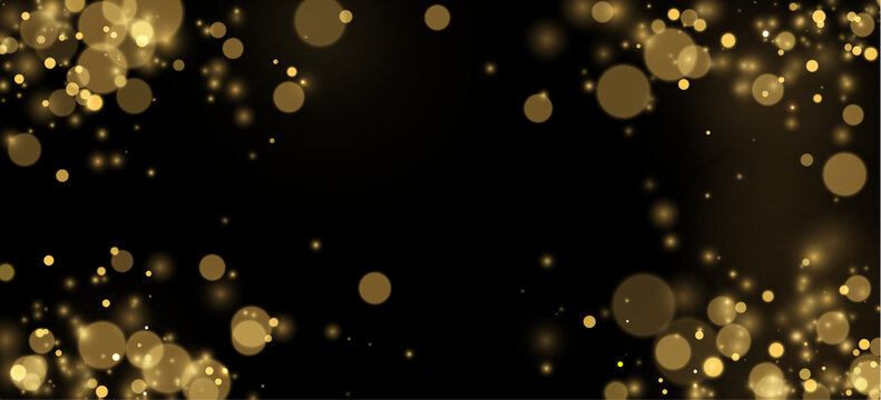 Soft golden bokeh particles scatter across a dark background. The circular shapes vary in size and blur intensity, creating a dreamy depth effect. This glowing light composition is ideal.