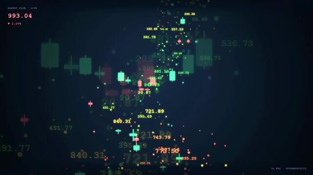 Abstract digital financial data visualization with floating candlesticks and numerical stock market indicators