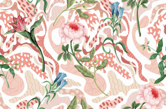 Seamless Flowers Pattern with Organic Curves Botanical Stems and Elegant Abstract Floral Background
