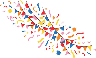 Obraz premium Colorful Party Garland and Confetti Collection with Bunting Flags, Streamers, Stars and Decorative Celebration Elements for Birthday Festival Event Designs