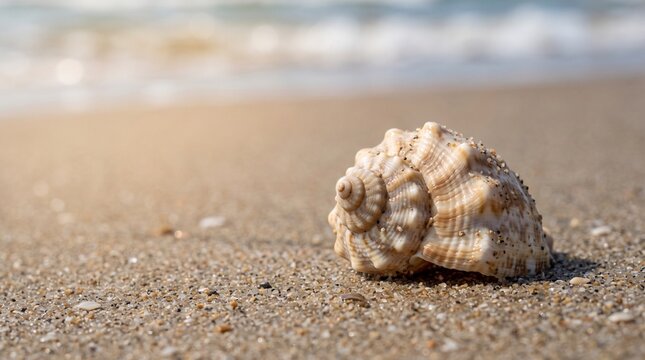 Sea Shell on Sandy Beach with Ocean Waves