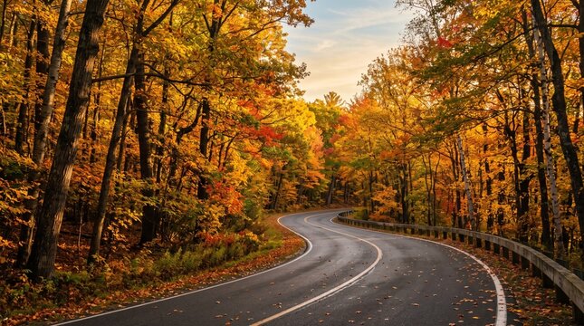 Winding Road Through Autumn Forest with Colorful Fall Foliage