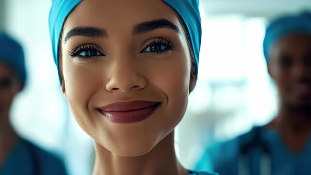 Close-up portrait of a smiling female doctor in blue surgical cap