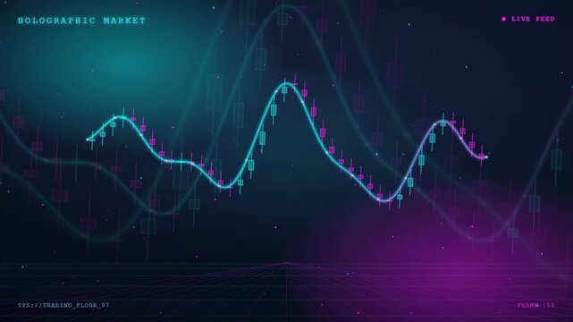 Abstract holographic stock market data visualization with glowing financial charts and candlesticks on dark background
