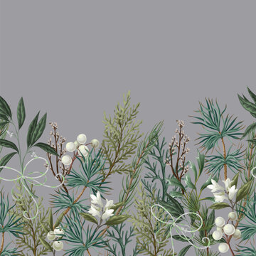 Christmas Border Botanical Pattern with Winter Greenery Berries Branches Ribbons and Holiday Foliage