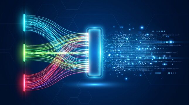 High Speed Data Processing and Digital Transformation Concept with Glowing Fiber Optics and Binary