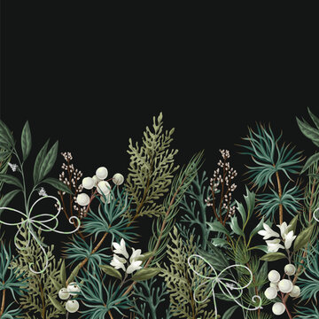 Christmas Border Botanical Pattern with Winter Greenery Berries Branches Ribbons and Holiday Foliage