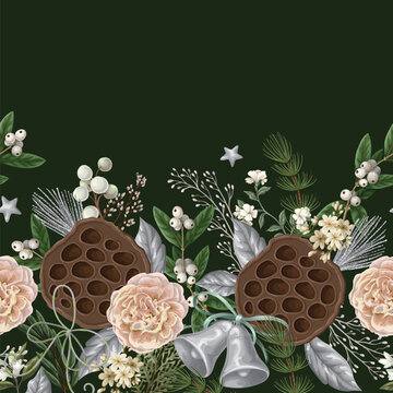Christmas Boreder Botanical Pattern with Bells Flowers Berries Lotus Pods Elegant Holiday Print.