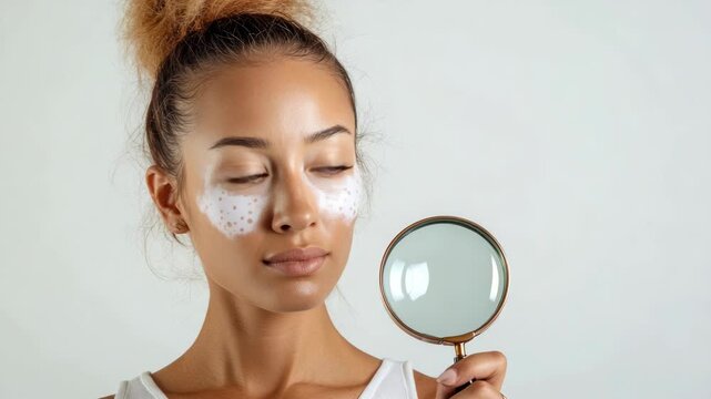 Woman with Facial Treatment and Magnifying Glass for Skin Analysis