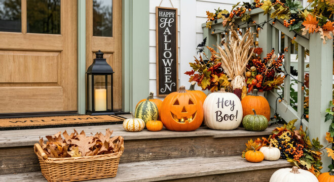Cozy autumn front porch with Halloween pumpkins, wreath, lantern and fall decorations. Perfect for festive design ideas, holiday celebrations.