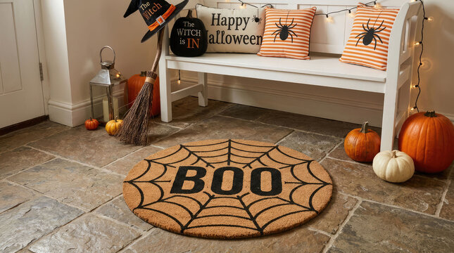 Cozy Halloween entryway featuring a round "BOO"  doormat, pumpkins, pillows, a witch hat and broom on a white bench accented by string lights.